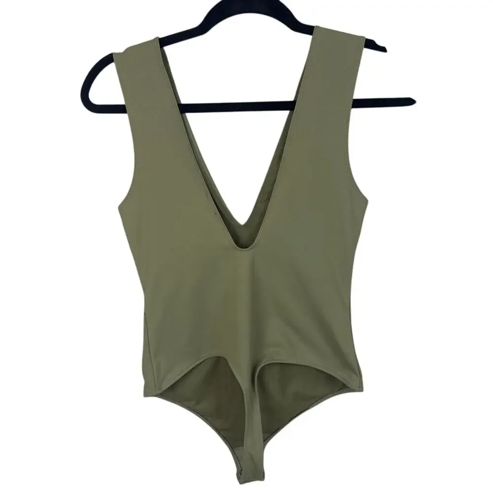 Free People Bodysuit Keep It Sleek Deep V Front And Back Sage Green Versatile